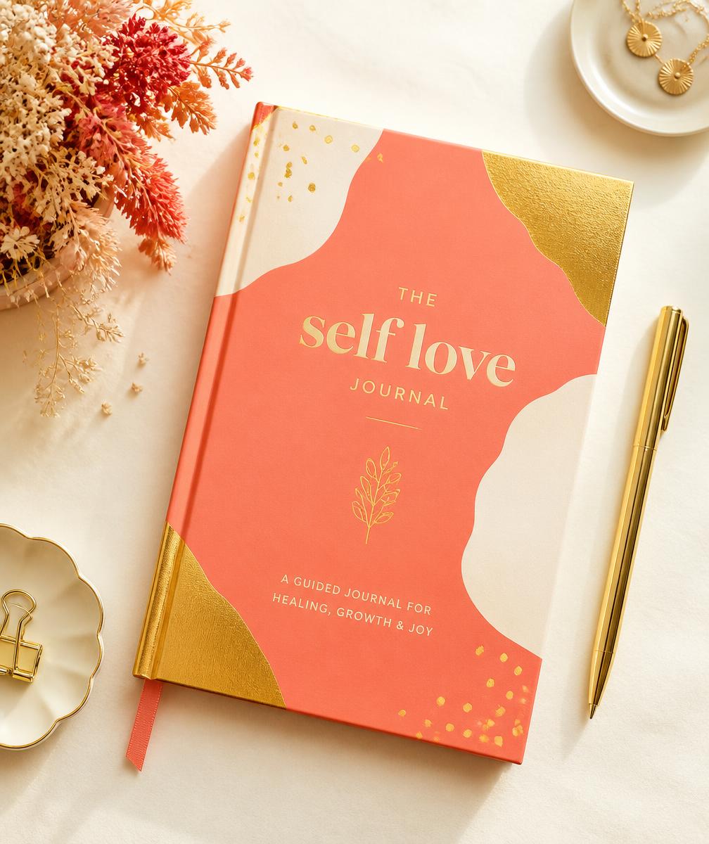 The Her Fresh Start guided journal in coral and gold with a pen and dried flowers